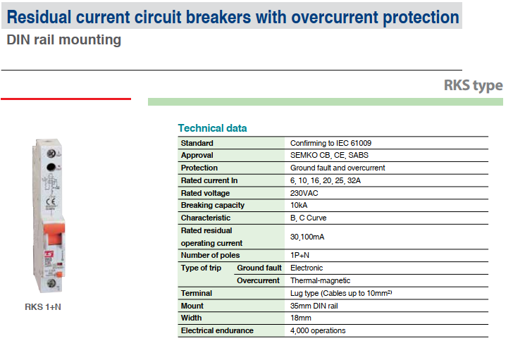 RCBO LS RKS 1P+N 6A 30mA 10kA - Thái Dương Electric